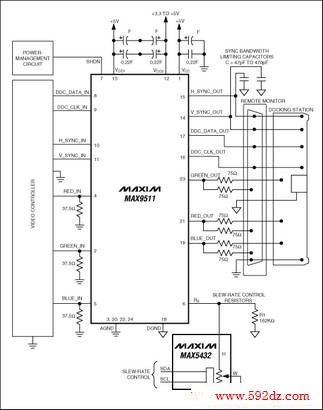 Figure 4. The MAX9511 drives multiple outputs. Adjustable filtering is controlled by the MAX5432 I2C-adjustable digital potentiometer.